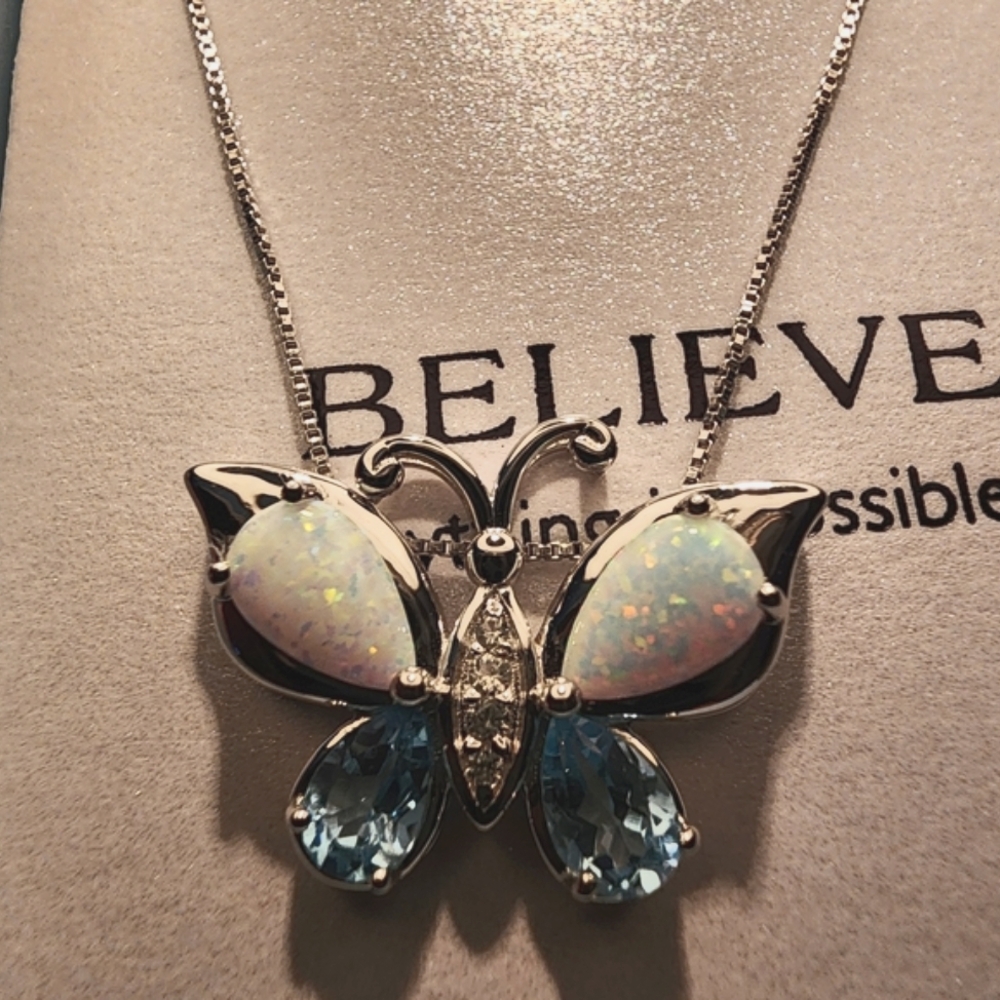 Brand NEW Sterling silver blue topaz and Opal butterfly pendant necklace